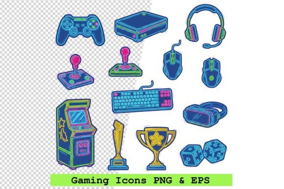 Hand-Drawn Neon Gaming Icons: A Versatile Vector Icon Set for Modern Digital Projects