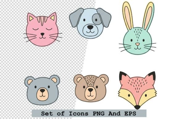 Set of Cute Animal Face Icons Vector: A Versatile Design Resource for Modern Creators