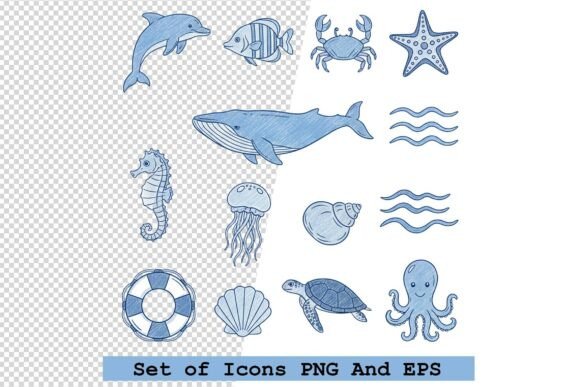 Set of Sea Life Icons in Hand Drawn Style