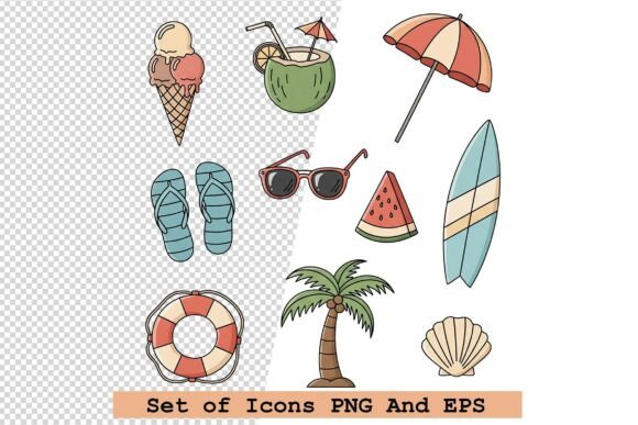 Set of Summer Icons in Hand Drawn Style: Elevate Your Digital and Print Projects with Versatile Vector Graphics